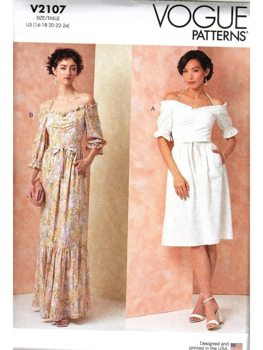 Vogue V2107 Womens 16 to 24 Maxi or Midi Off Shoulder Dress Uncut Sewing Pattern